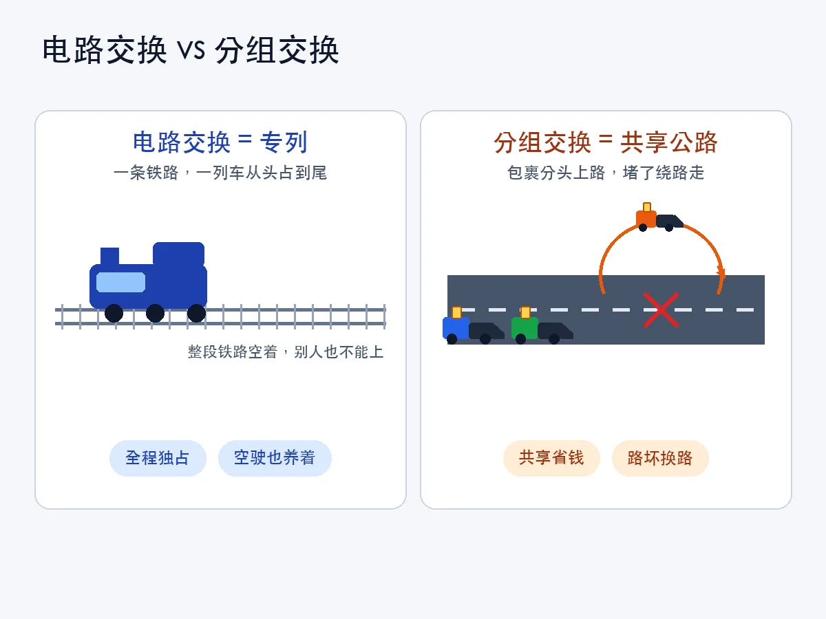 电路交换 vs 分组交换：专列 vs 共享公路