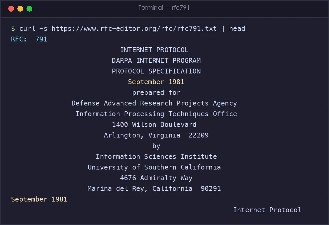真实截图：RFC 791 文档首页，1981 年 9 月
