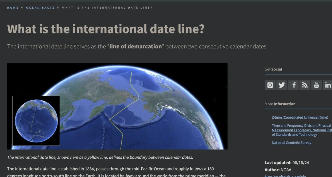 真实网页截图：NOAA 介绍国际日期线及其在太平洋上的曲折走向