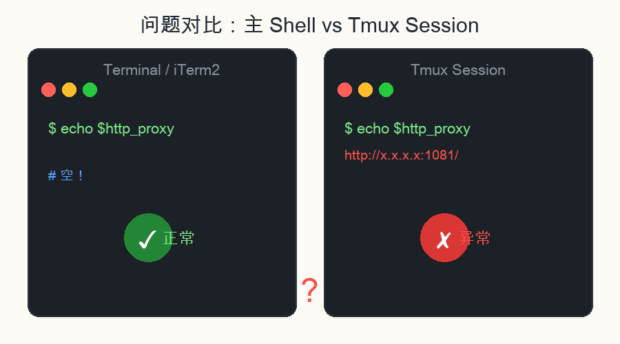 问题对比：主 Shell vs Tmux Session