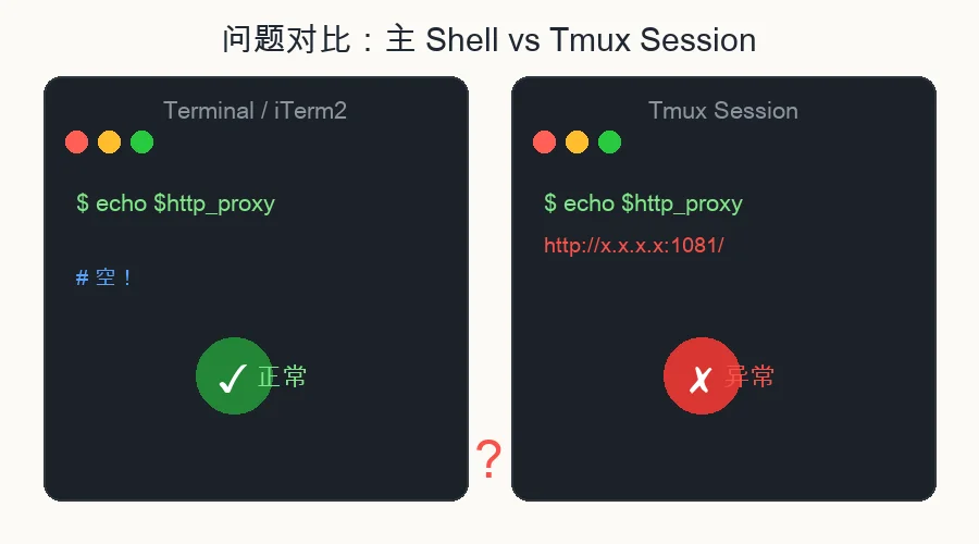 问题对比：主 Shell vs Tmux Session