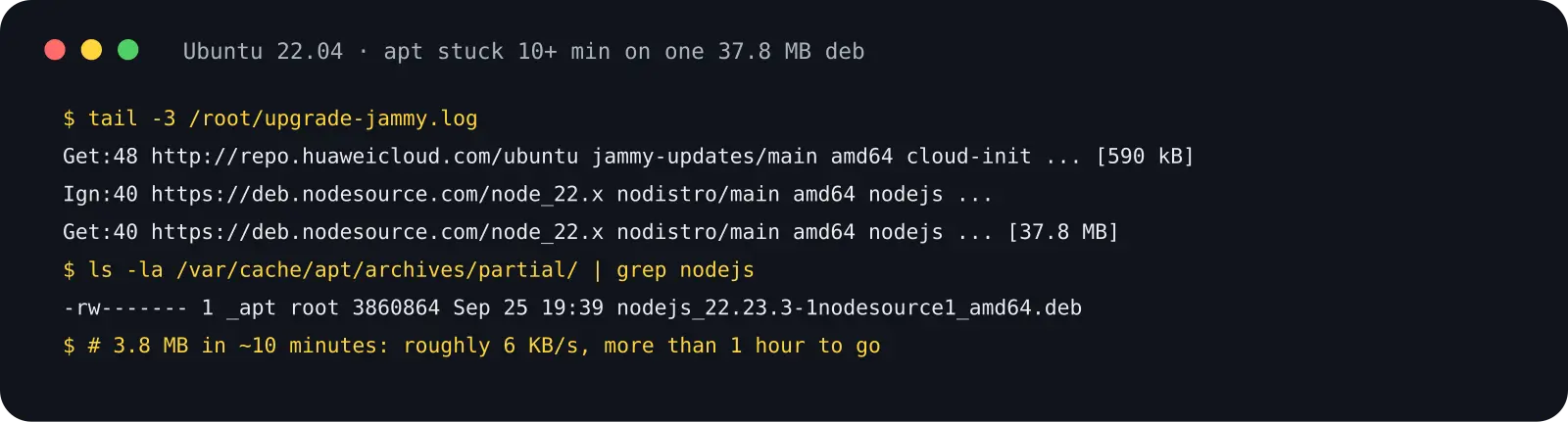 apt stuck on a NodeSource 37.8 MB package