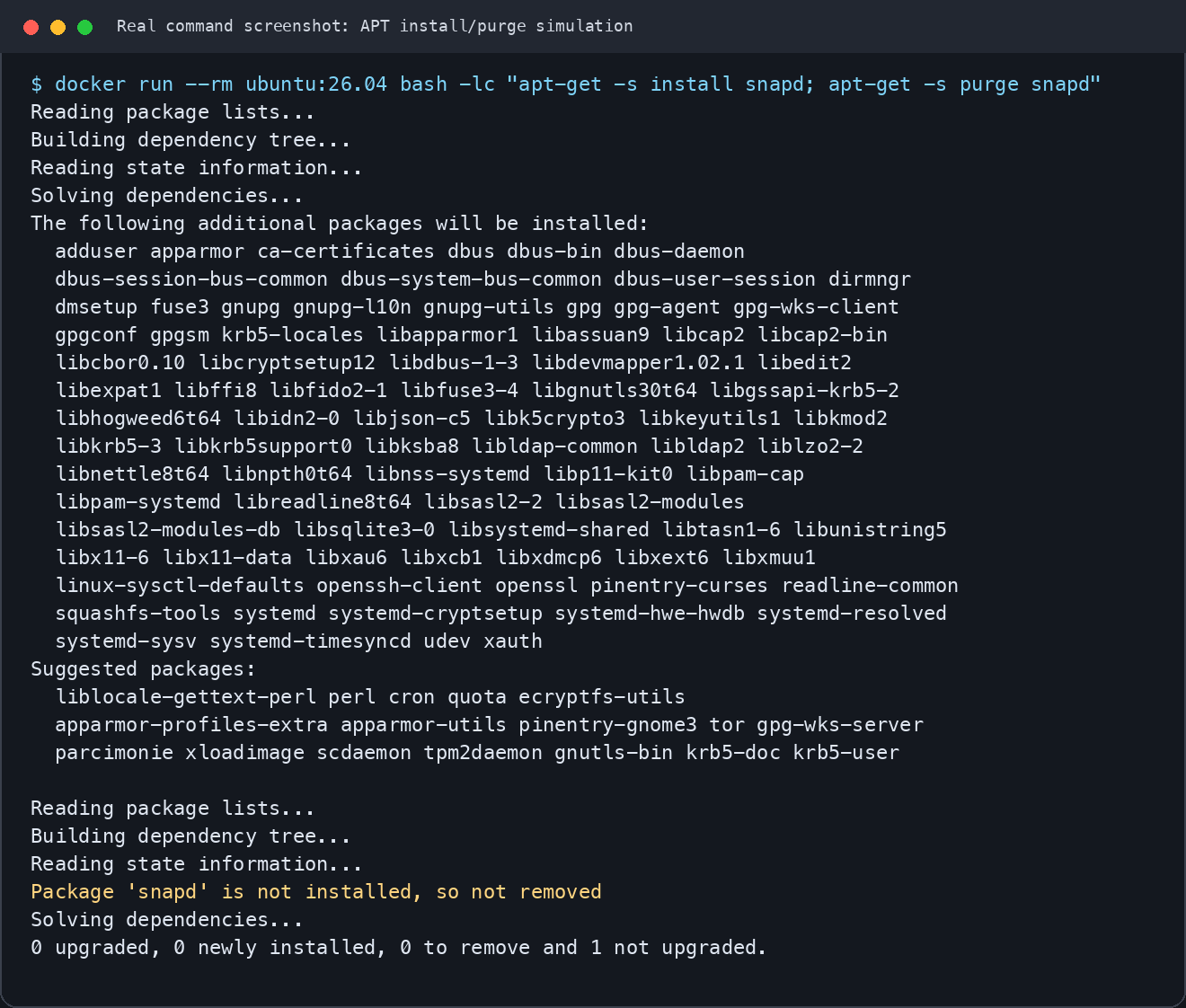 Ubuntu 26.04 容器中 APT 安装/卸载 snapd 的模拟输出。
