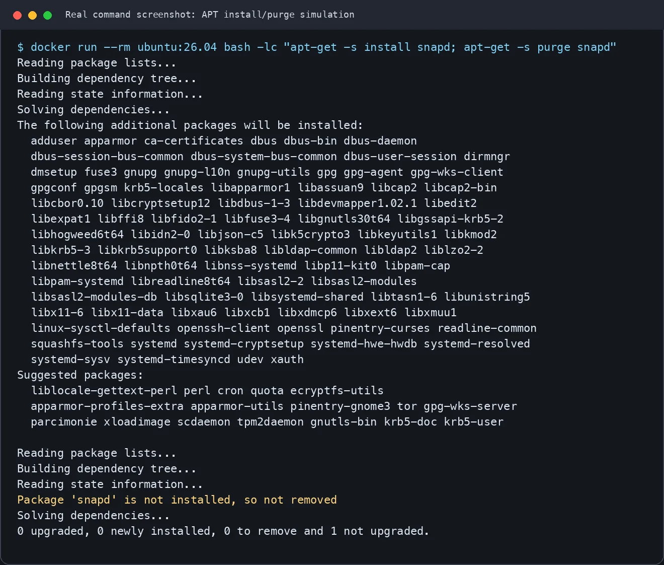 Ubuntu 26.04 容器中 APT 安装/卸载 snapd 的模拟输出。