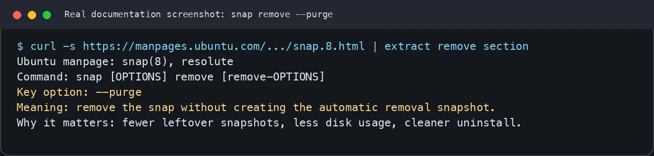 snap remove –purge 官方 manpage 说明的真实文档截图。