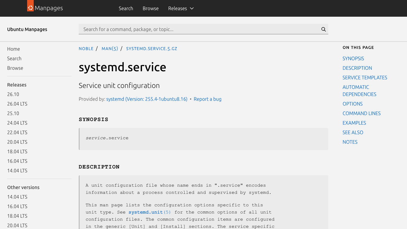 真实截图 1：systemd.service 官方文档，确认 service unit 的 Type、ExecStart、Restart 等关键字段。