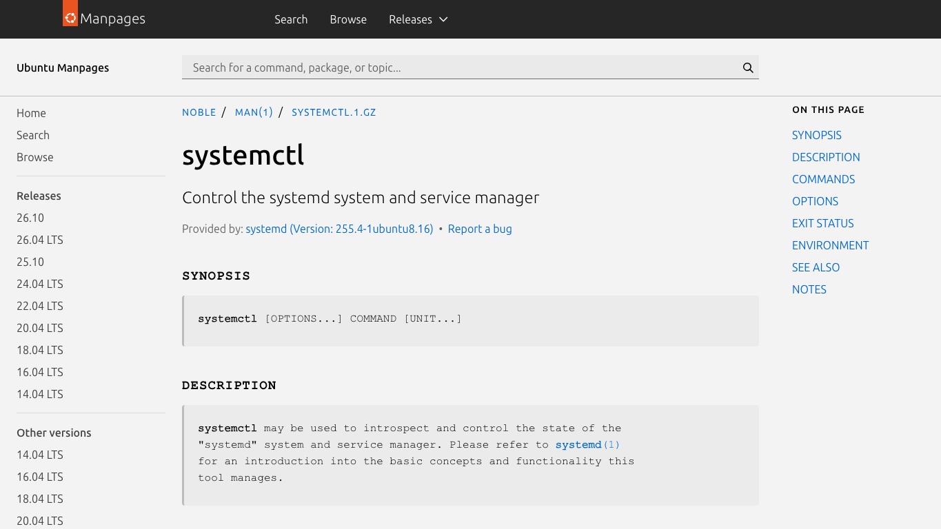 真实截图 2：systemctl 官方文档，enable/disable/start/status 是服务生命周期的入口。