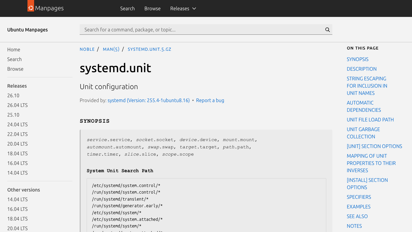 真实截图 3：Ubuntu manpage 中的 systemd unit 文档，说明 unit 依赖关系与 install 目标。