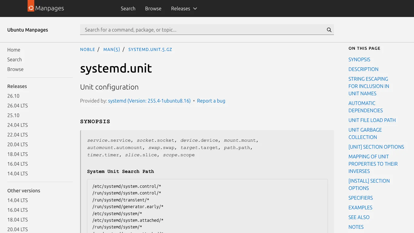 真实截图 3:Ubuntu manpage 中的 systemd unit 文档,说明 unit 依赖关系与 install 目标。
