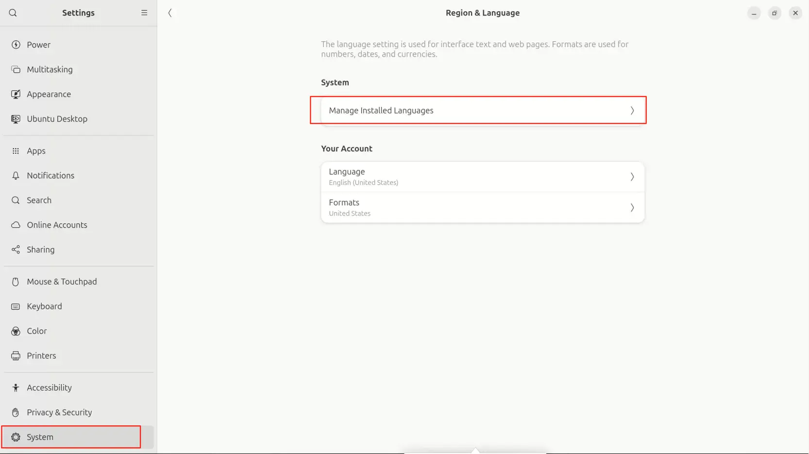 Ubuntu GNOME 的 Region & Language 设置页