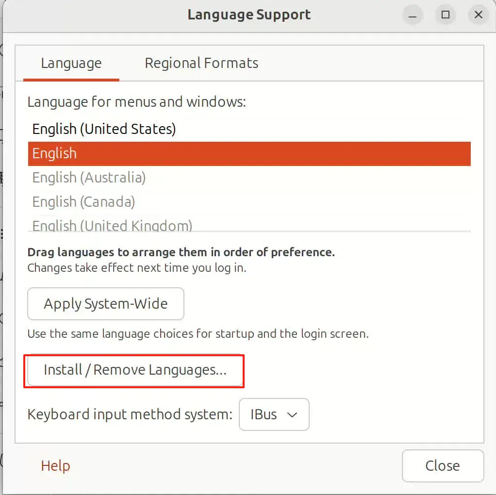 Install / Remove Languages 窗口