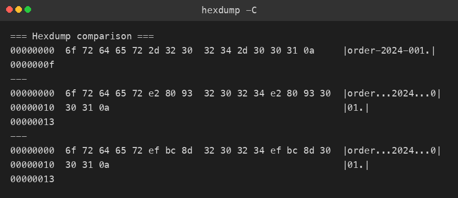 Real hexdump comparison output