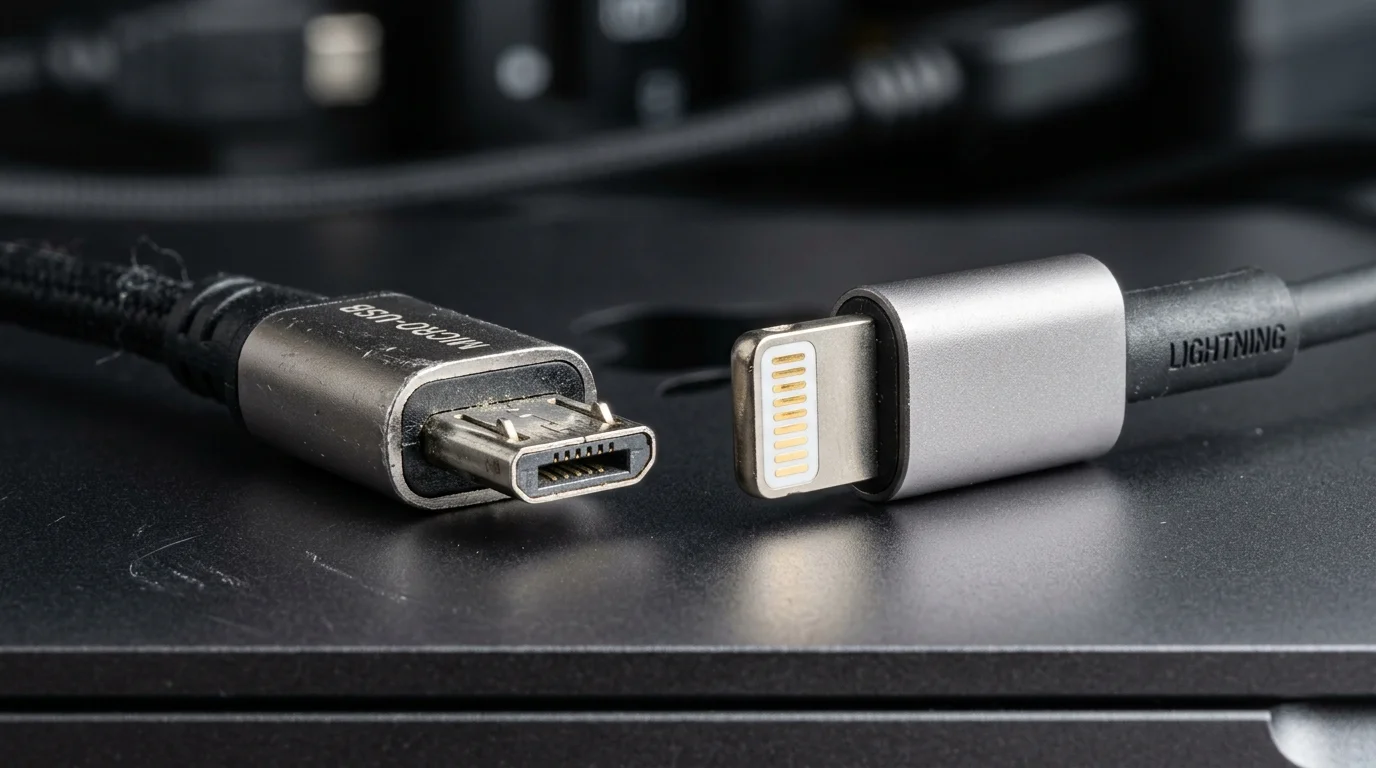 Micro-USB 梯形空心插头与 Apple Lightning 实心金属插头实拍对比