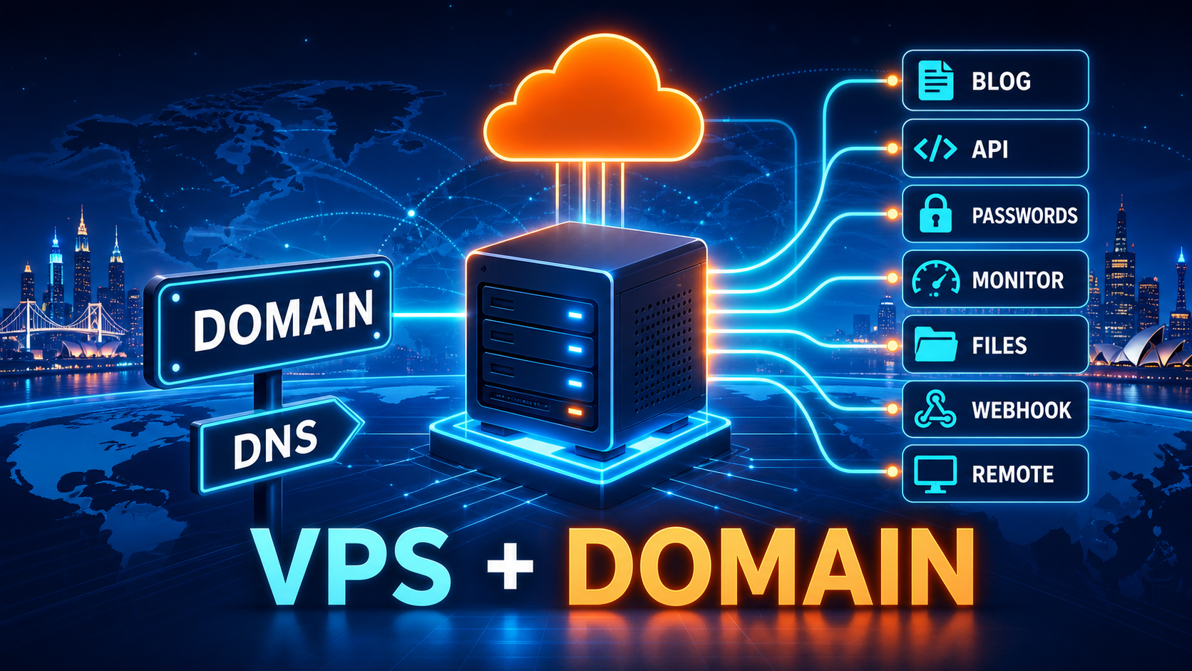AI 生成题图：VPS、域名、DNS 与个人互联网服务。