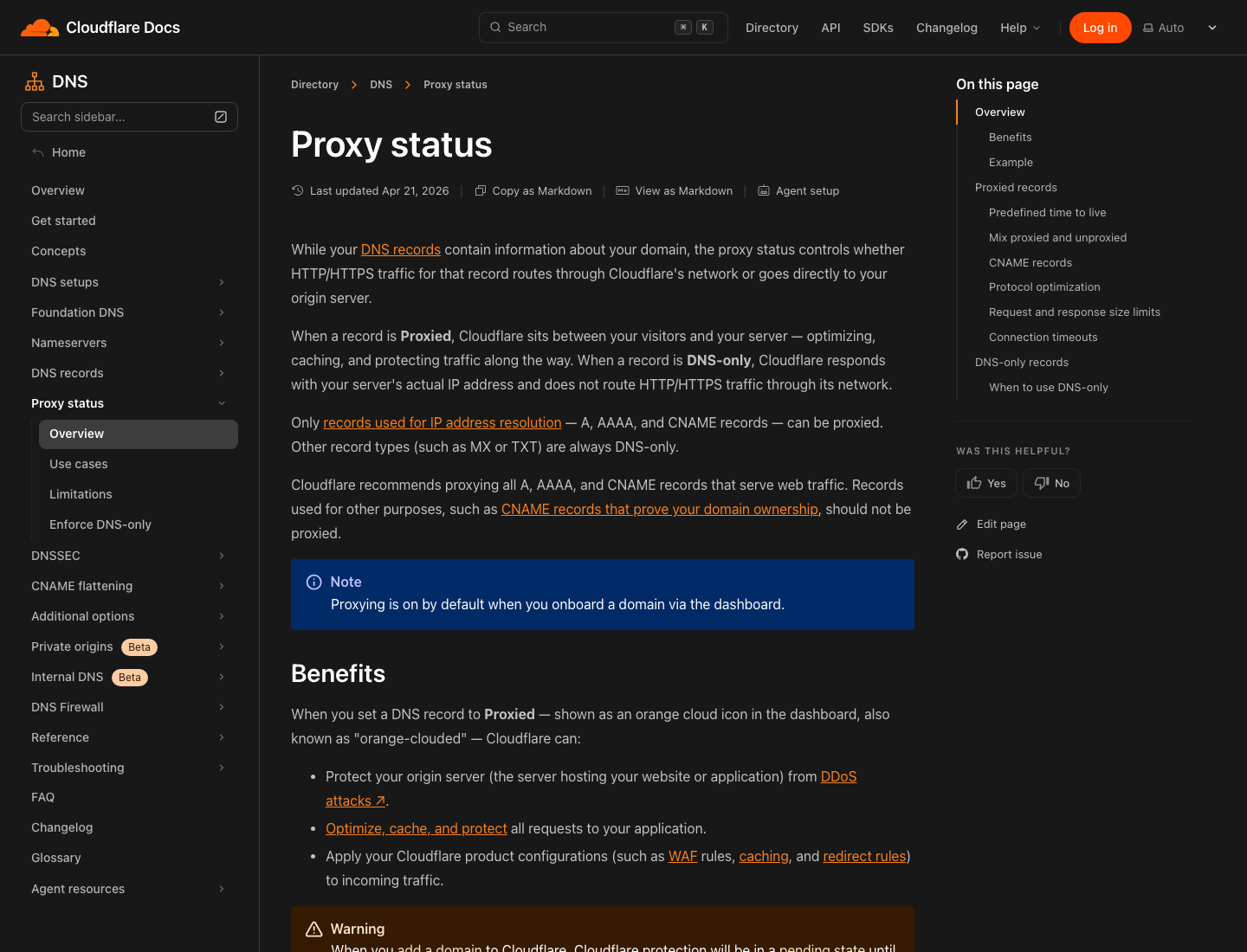 Cloudflare 官方文档中的代理状态页面截图。