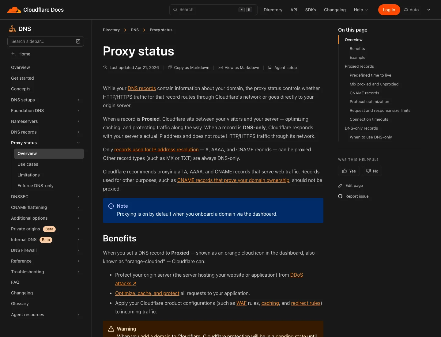 Cloudflare 官方文档中的代理状态页面截图。