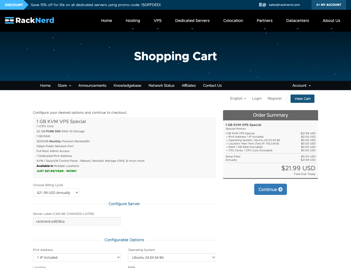 RackNerd 1GB KVM VPS 套餐页面截图。