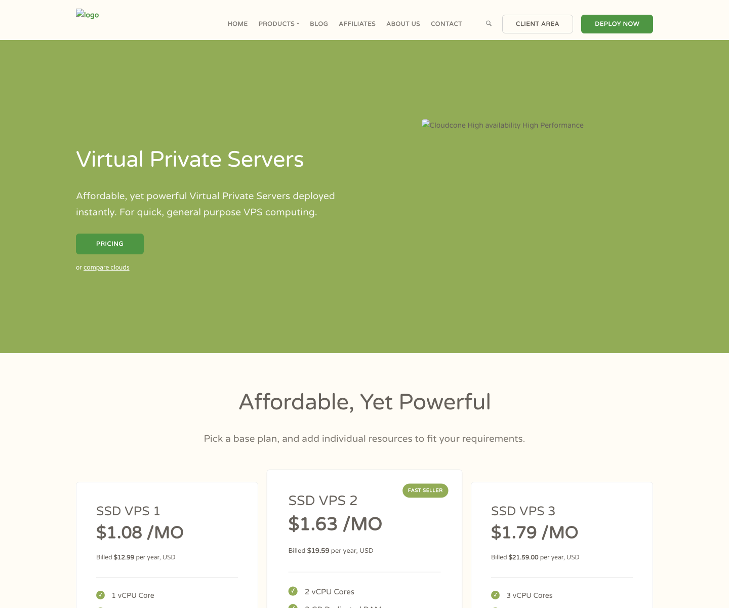 CloudCone VPS 官方页面截图。