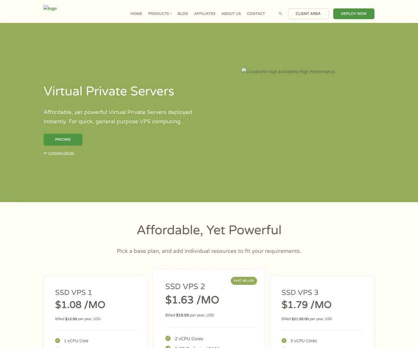 CloudCone VPS 官方页面截图。
