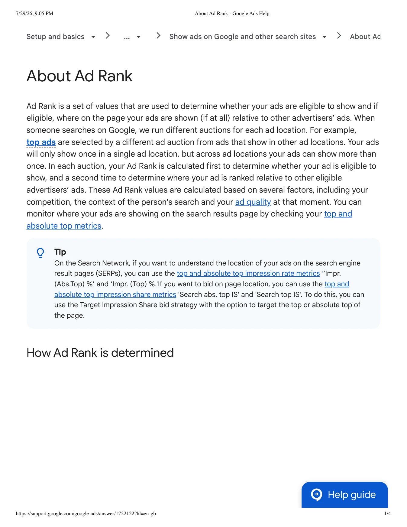 Google Ads 官方对 Ad Rank 的说明