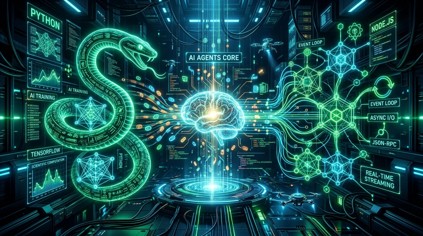 AI 生成封面:Python 翠绿数字巨蟒与 Node.js 绿色蜂巢晶格环绕赛博神经核心与 Token 数据流