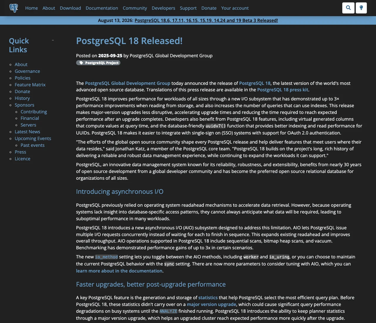 真实截图：PostgreSQL 18 官方发布公告。