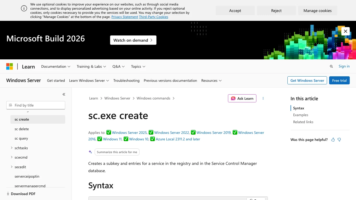 Real screenshot 1: Microsoft sc create documentation, useful for binaries that implement the Windows Service interface.