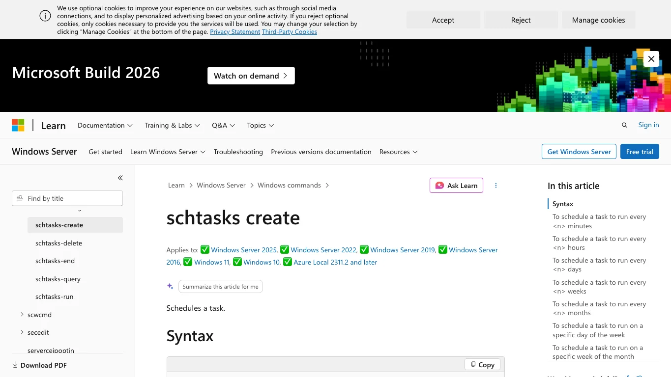 Real screenshot 2: Microsoft schtasks create documentation, the built-in path for console daemons at startup.