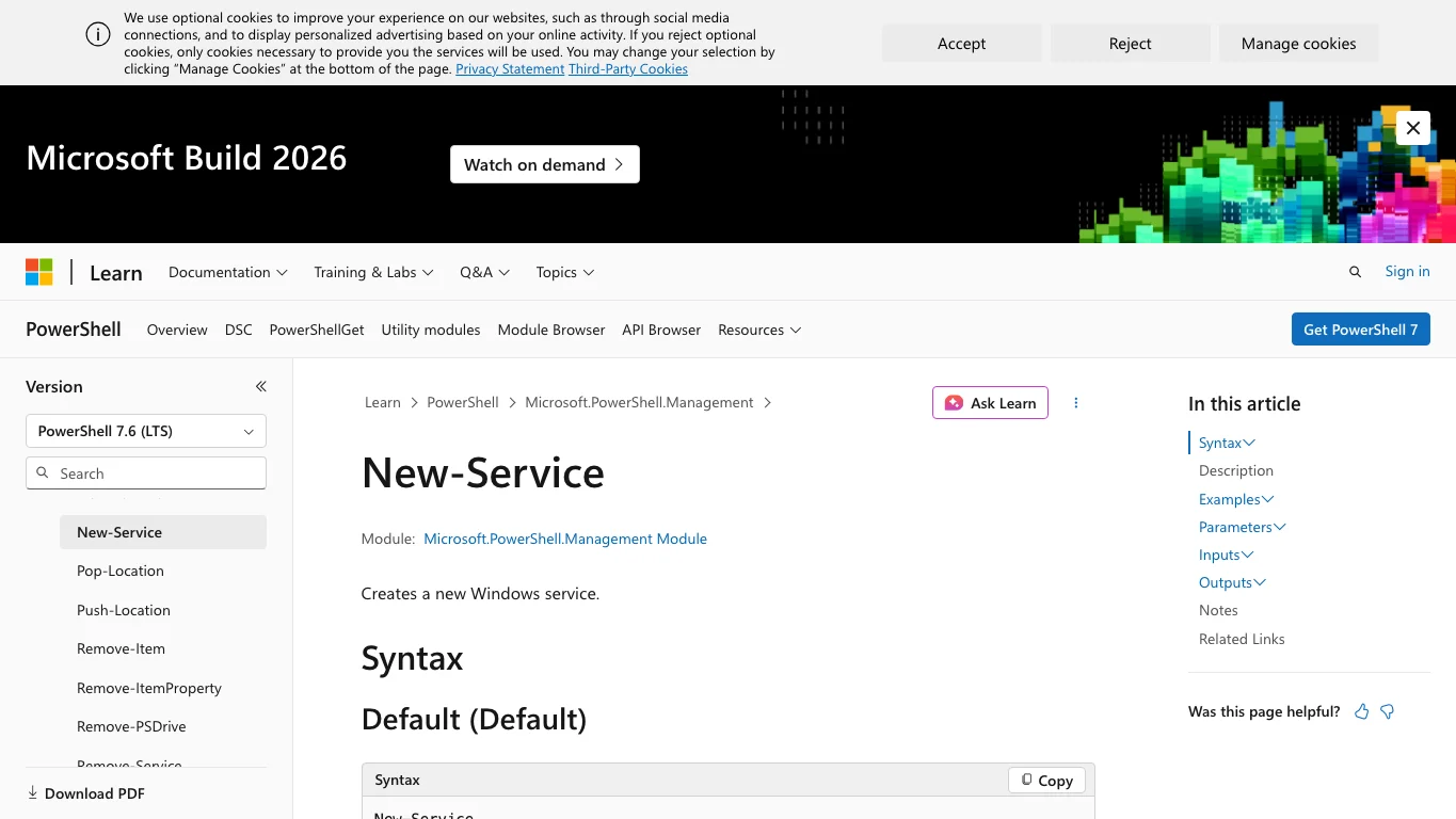 Real screenshot 3: PowerShell New-Service documentation, the service creation API for native service-aware programs.