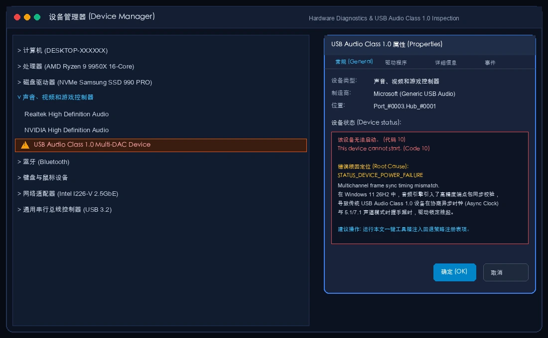 实录截图：设备管理器中 USB Audio Class 1.0 音频外设遭遇 Code 10 错误挂起