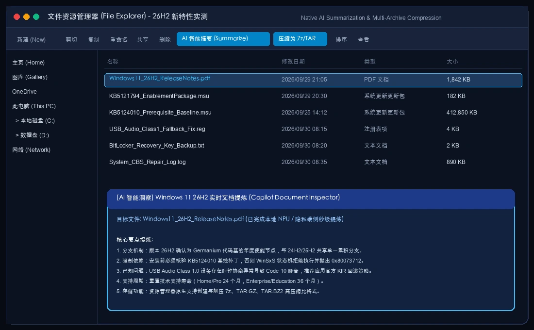 实录截图：文件资源管理器原生 AI 智能摘要面板与 7z/TAR 格式支持