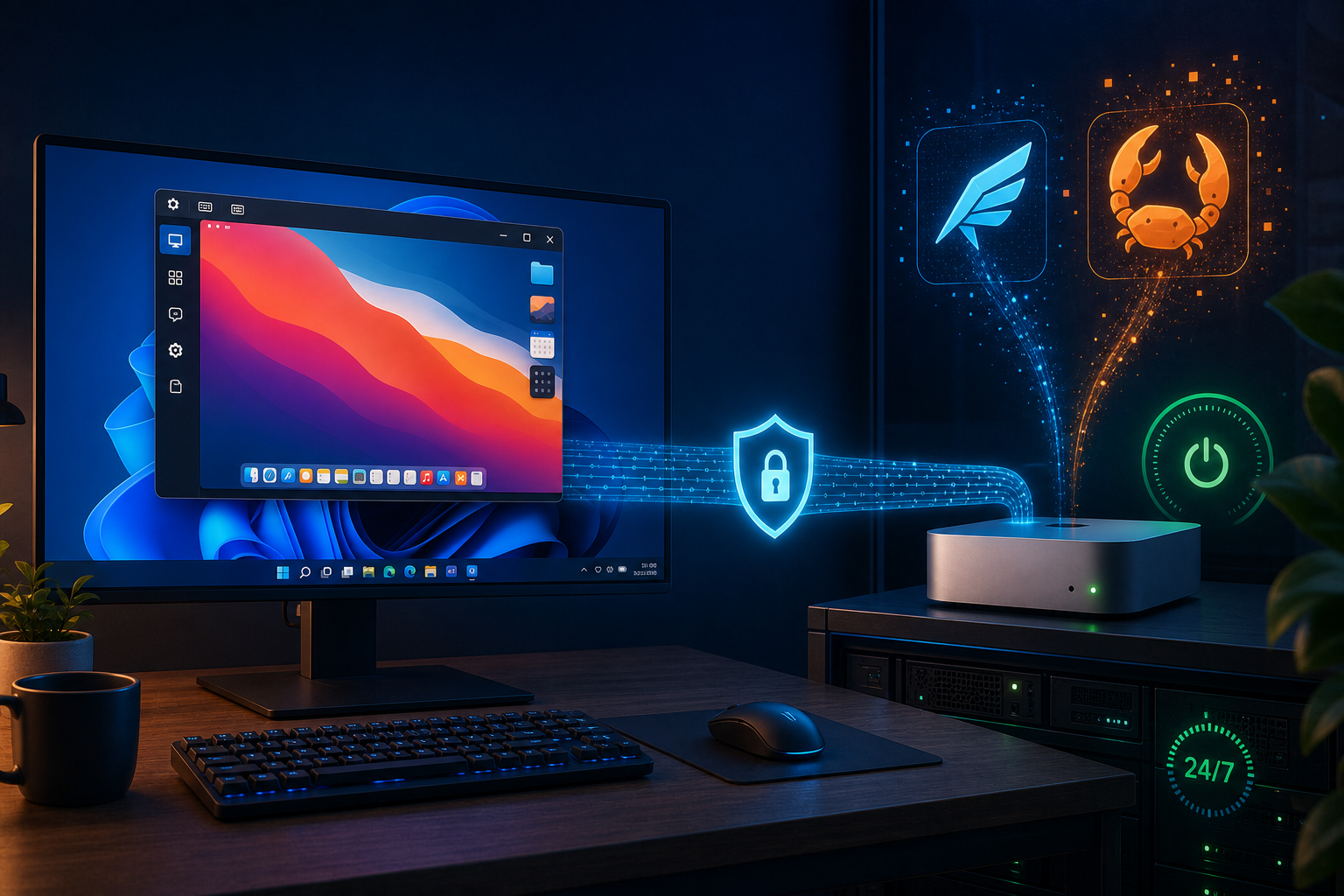 原创题图：Windows 主力电脑通过安全通道接管常驻运行 Agent 的无显示器 Mac mini
