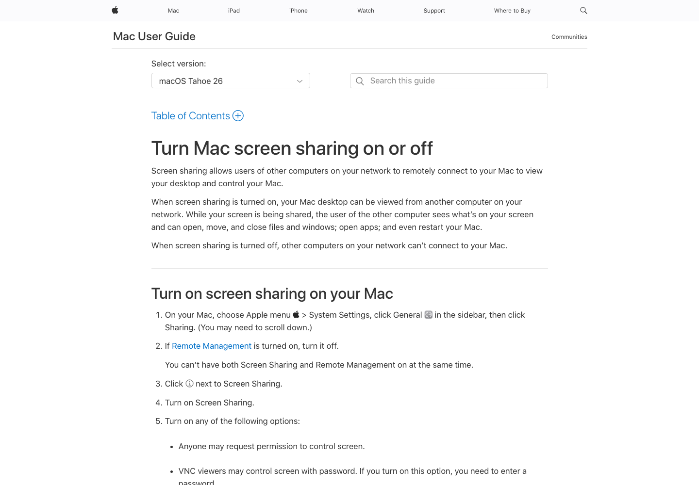 真实截图：Apple 官方 macOS Tahoe 26 屏幕共享开关说明