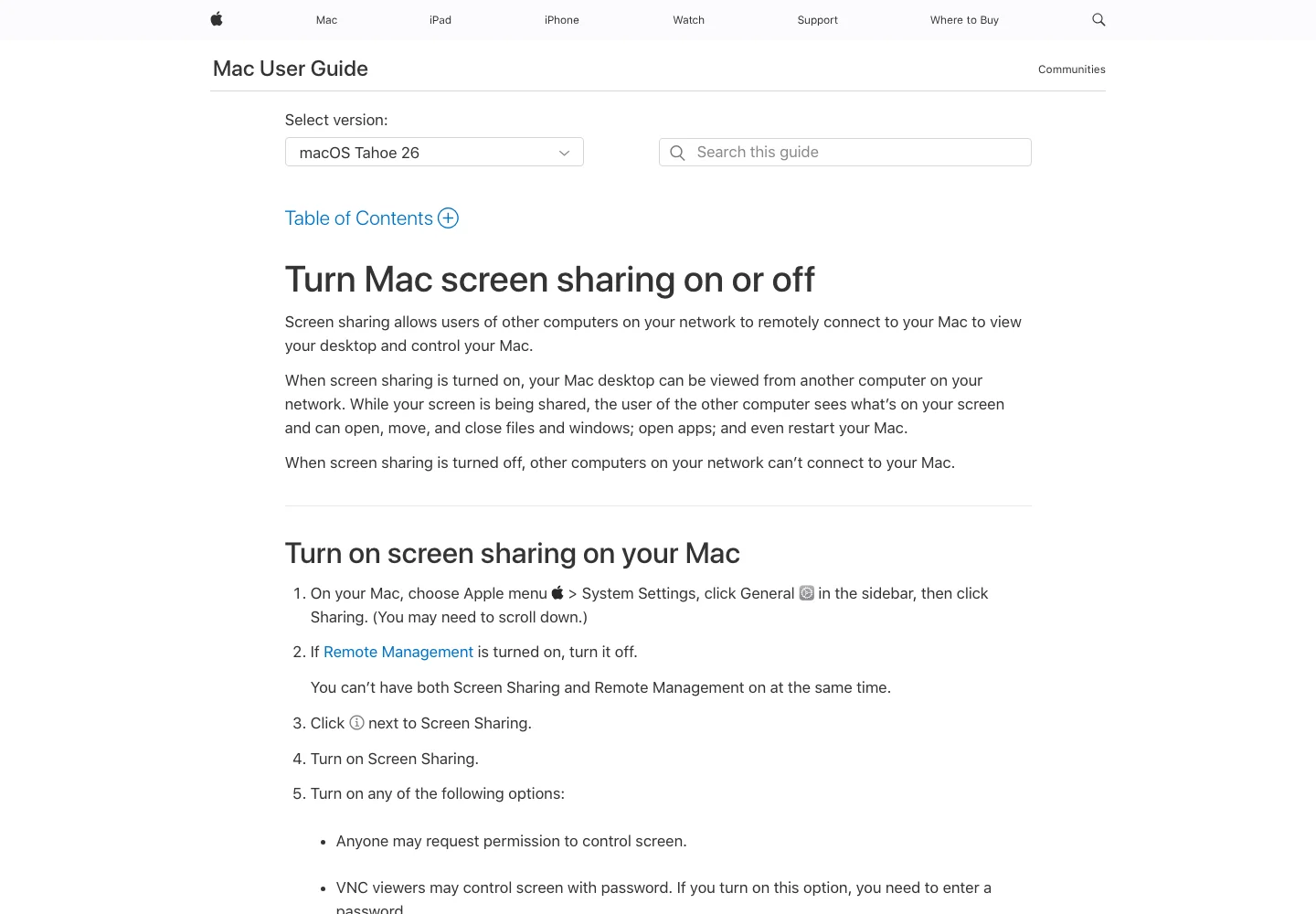 真实截图：Apple 官方 macOS Tahoe 26 屏幕共享开关说明