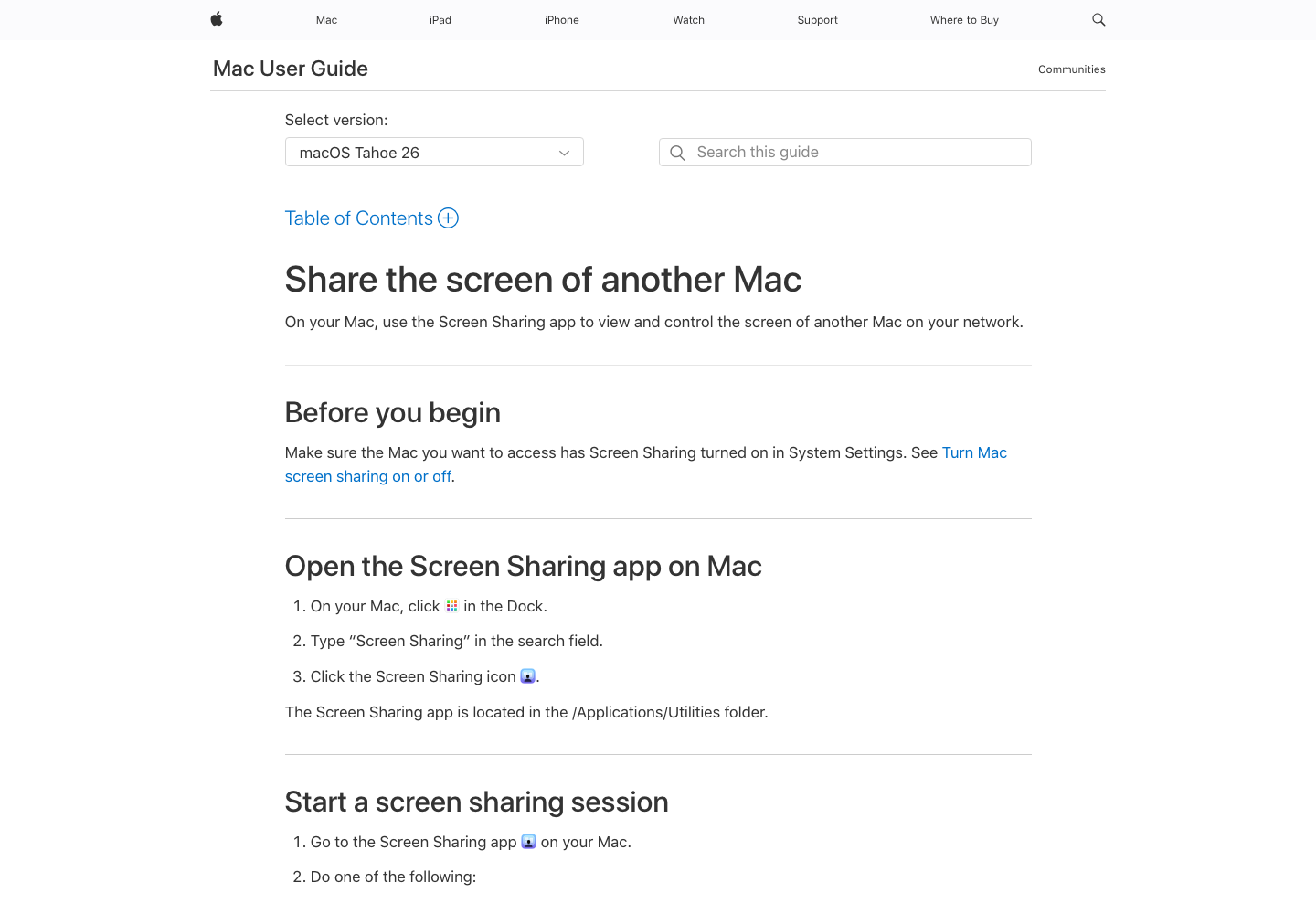 真实截图：Apple 官方关于从其他电脑访问 Mac 屏幕的说明