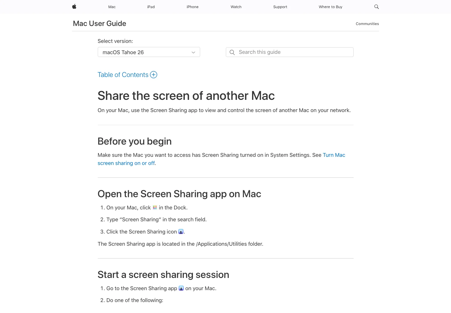 真实截图：Apple 官方关于从其他电脑访问 Mac 屏幕的说明