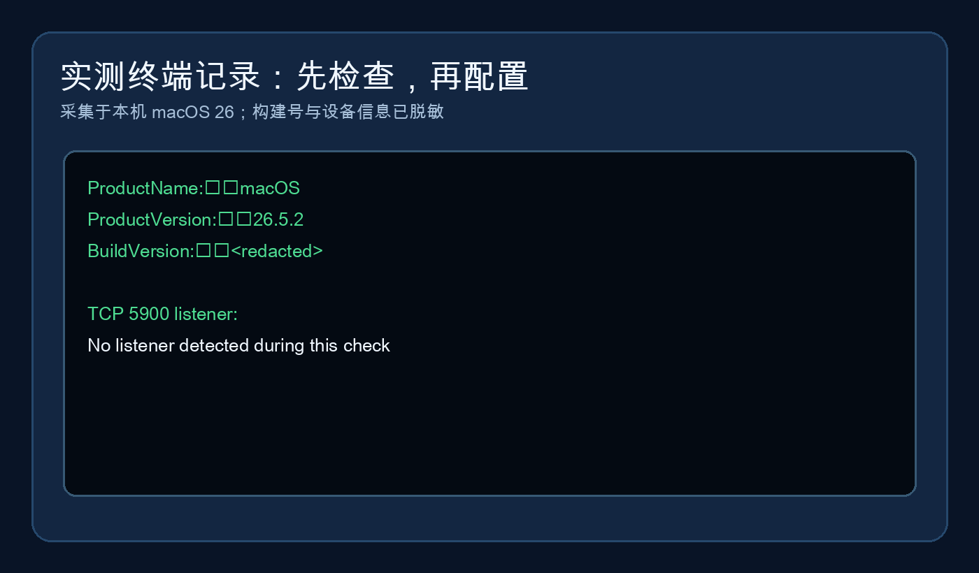 真实实测截图：本机 macOS 26 版本与 VNC 监听状态检查，敏感信息已脱敏