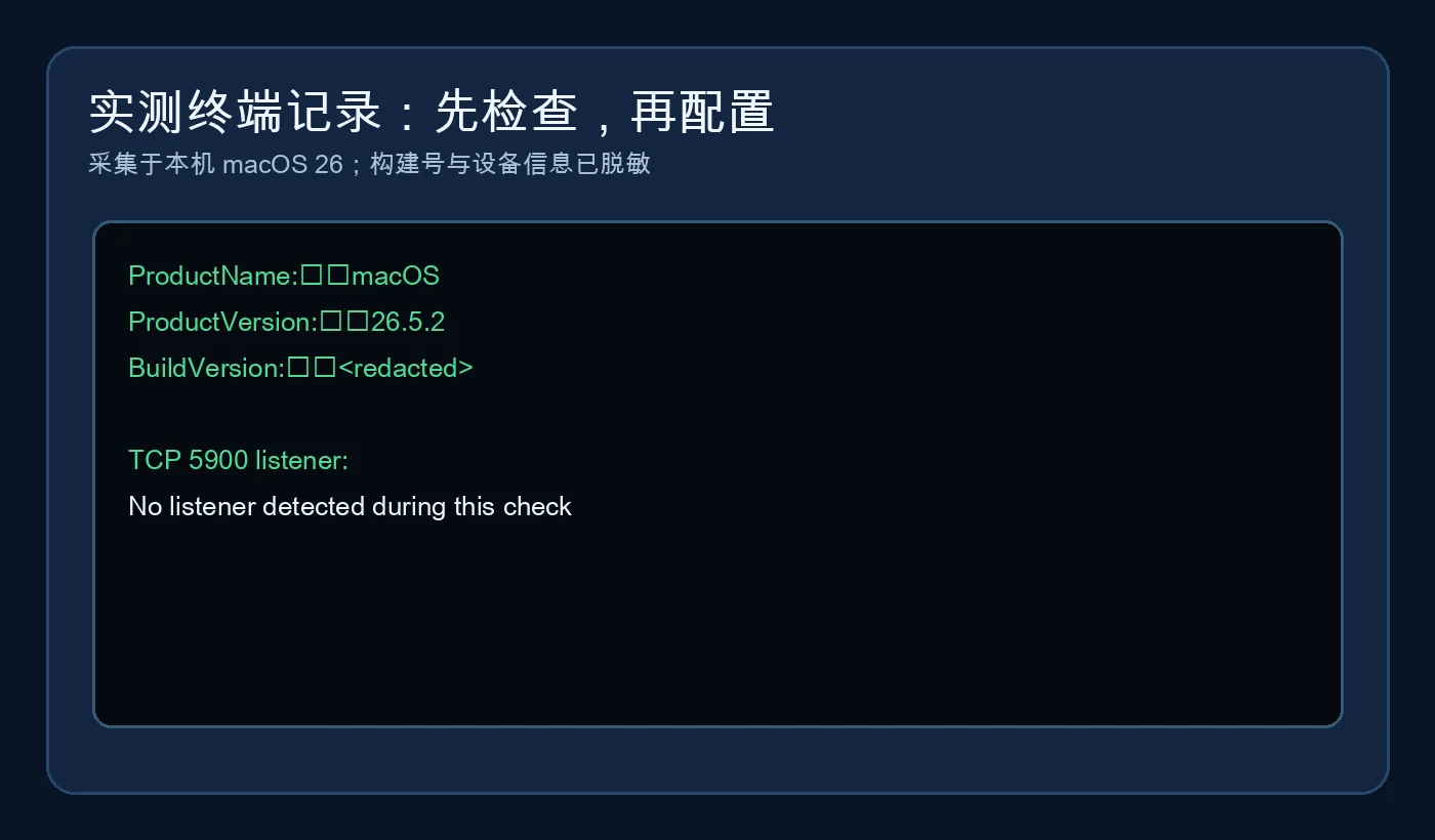 真实实测截图：本机 macOS 26 版本与 VNC 监听状态检查，敏感信息已脱敏