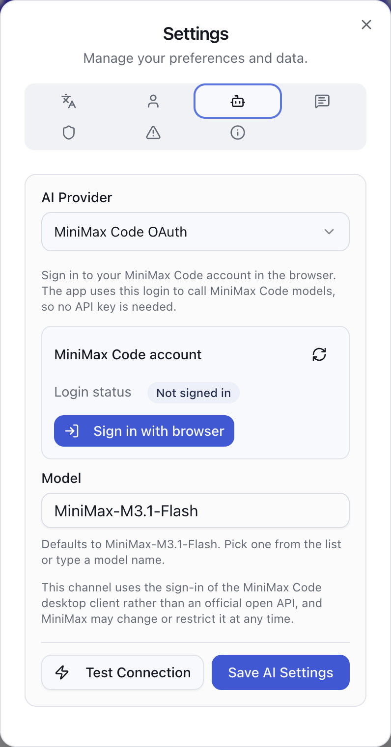 Real screenshot: MiniMax Code OAuth settings and the browser sign-in button