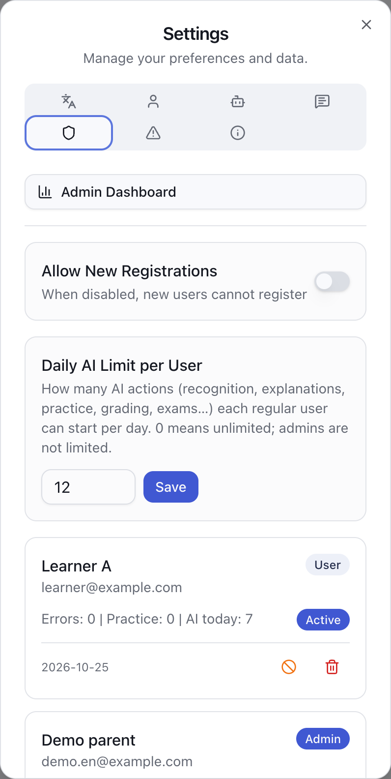 Real screenshot: per-user daily AI limit and demonstration usage in User Management