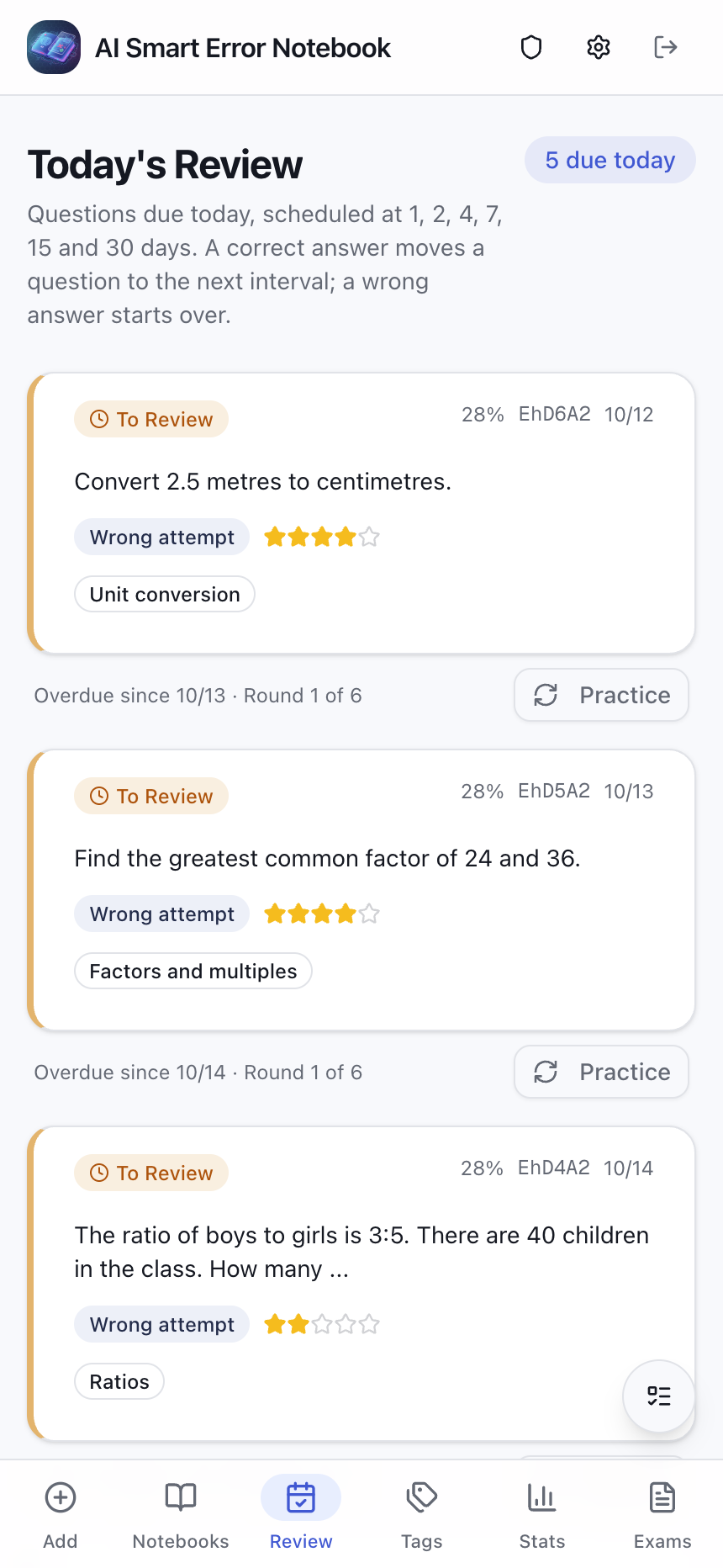 Real screenshot: today's review page with due dates and review rounds