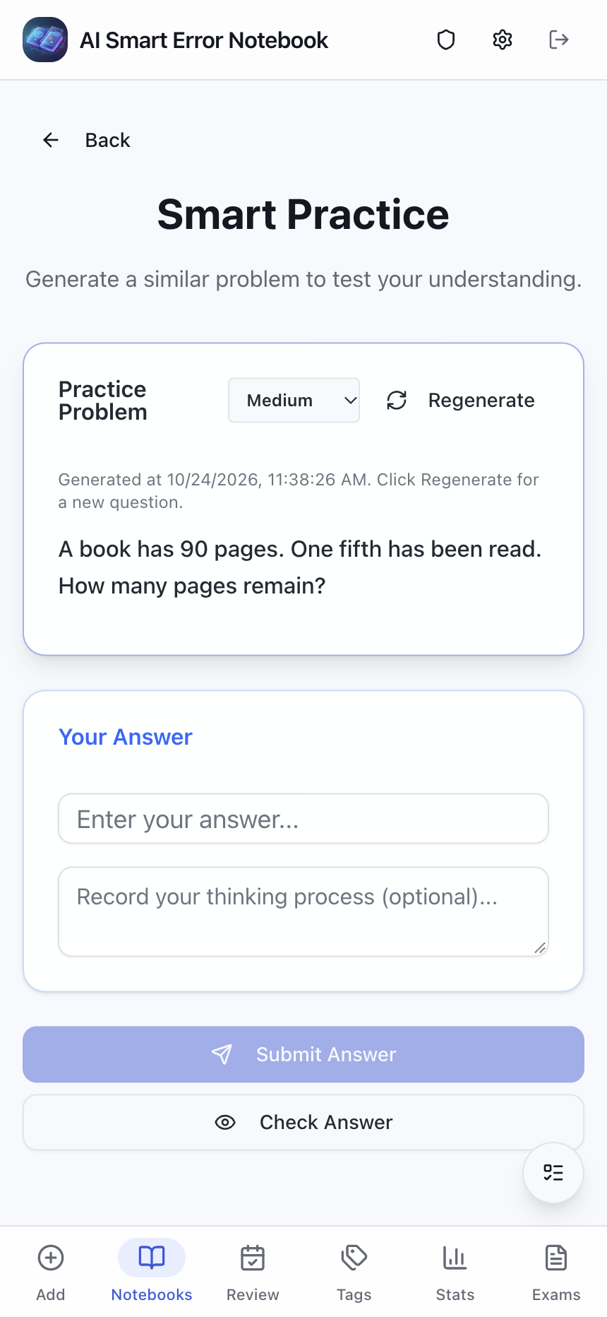 Real screenshot: a saved practice variation restored when entering the practice page