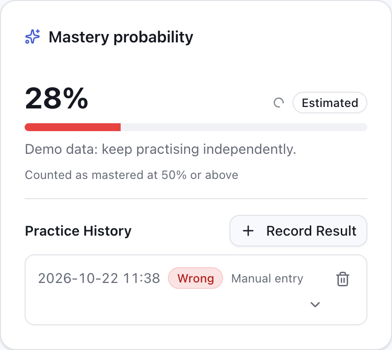 Real screenshot: question details with recorded practice results and history