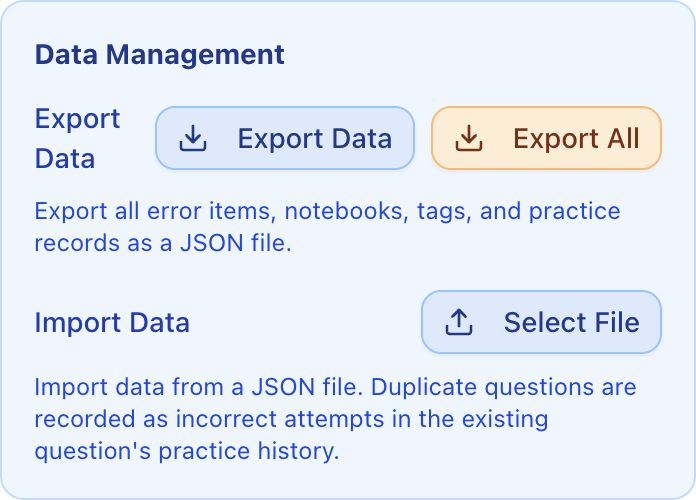 Real screenshot: data export and import controls in settings