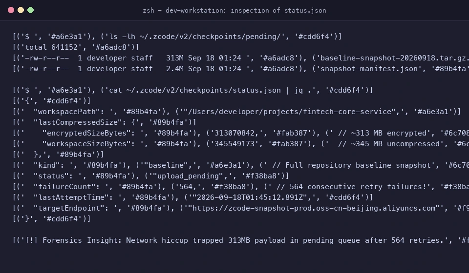 真实截图：查看 checkpoints/pending 目录下的 313MB 密文与 status.json 证据